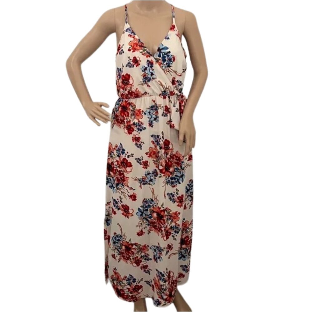 Scobe Cream Red Blue Floral Maxi Dress Wrap-Style Front Spaghetti Straps -Size M